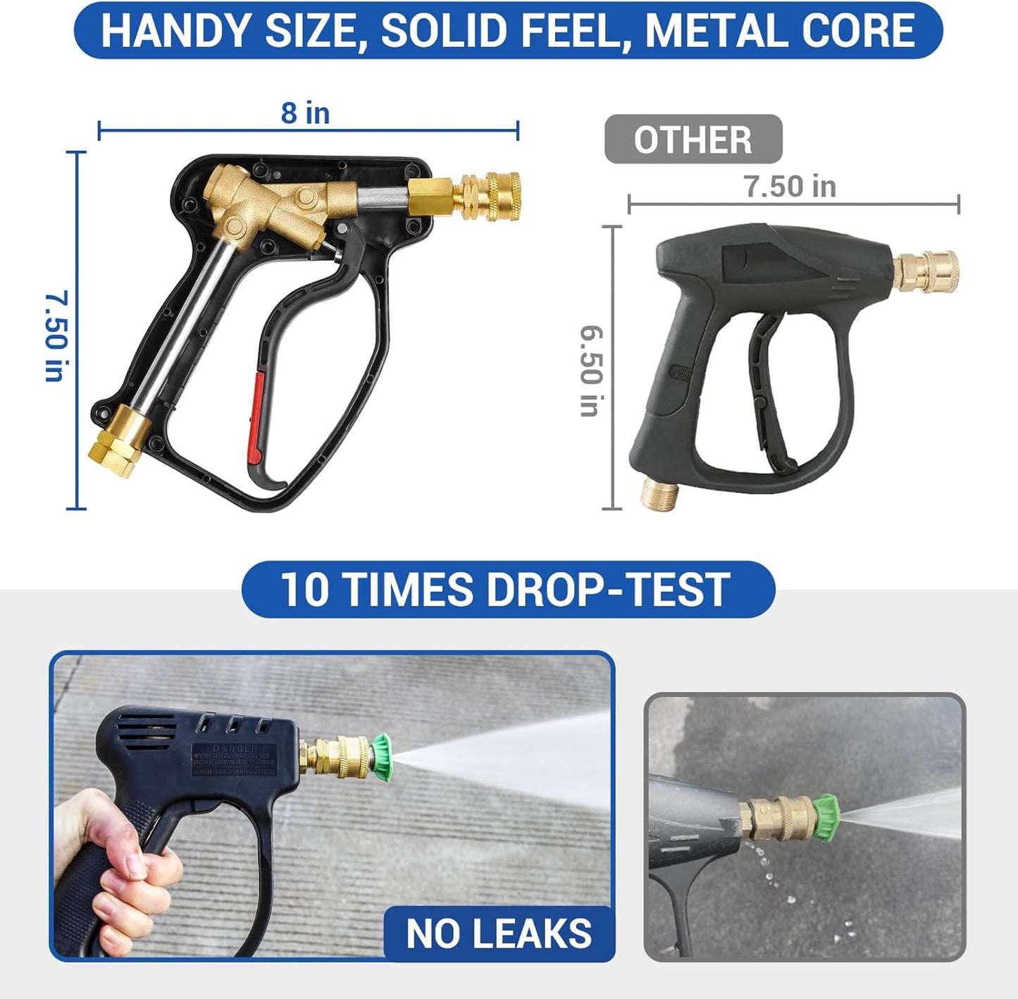 MEKOH Pistola de lavado a presión corta, pistola rociadora de alta potencia de 4000 PSI, pistola de espuma de 10,5 GPM con conexión rápida giratoria de 3/8 pulgadas, mango de lavado a presión con adaptador M22-14 mm para varilla de extensión y manguera