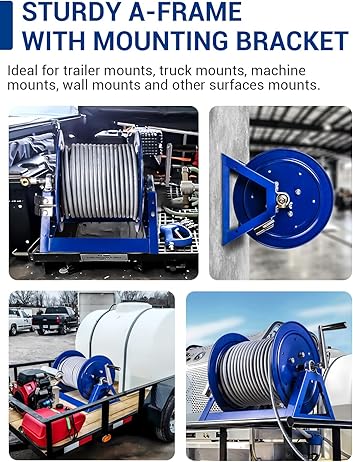 MEKOH 350FT x 3/8” Pressure Washer Hose Reel, 4500 PSI Heavy Duty A-Frame Hand Crank Power Washer Reel, All-Steel Manual Hose Reel for Water with Brass Swivel, Wall/Trailer/Floor Mount Hose Storage