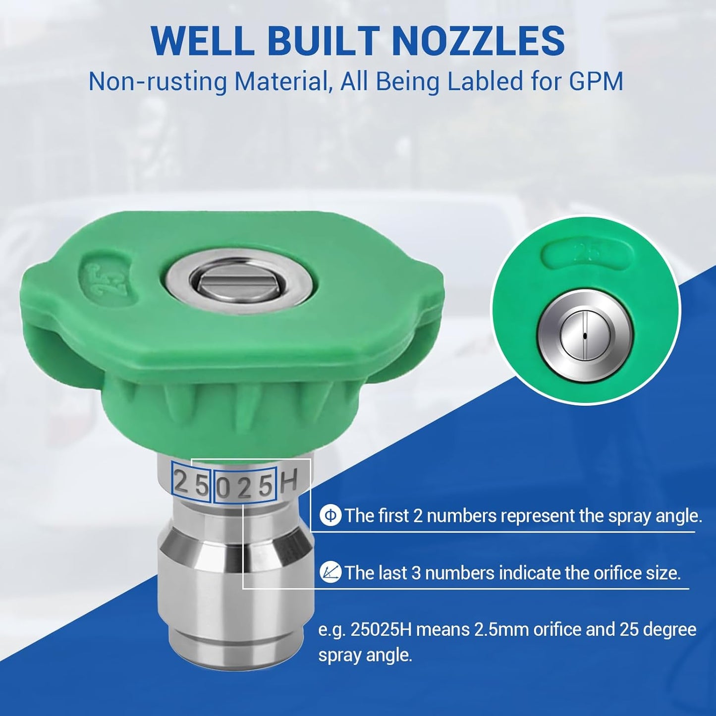 Boquilla de lavado a presión MEKOH, boquilla de cambio rápido 7 en 1, boquilla de lavado a presión ajustable con conexión rápida de 1/4 de pulgada, boquilla de pulverización de 3200 PSI
