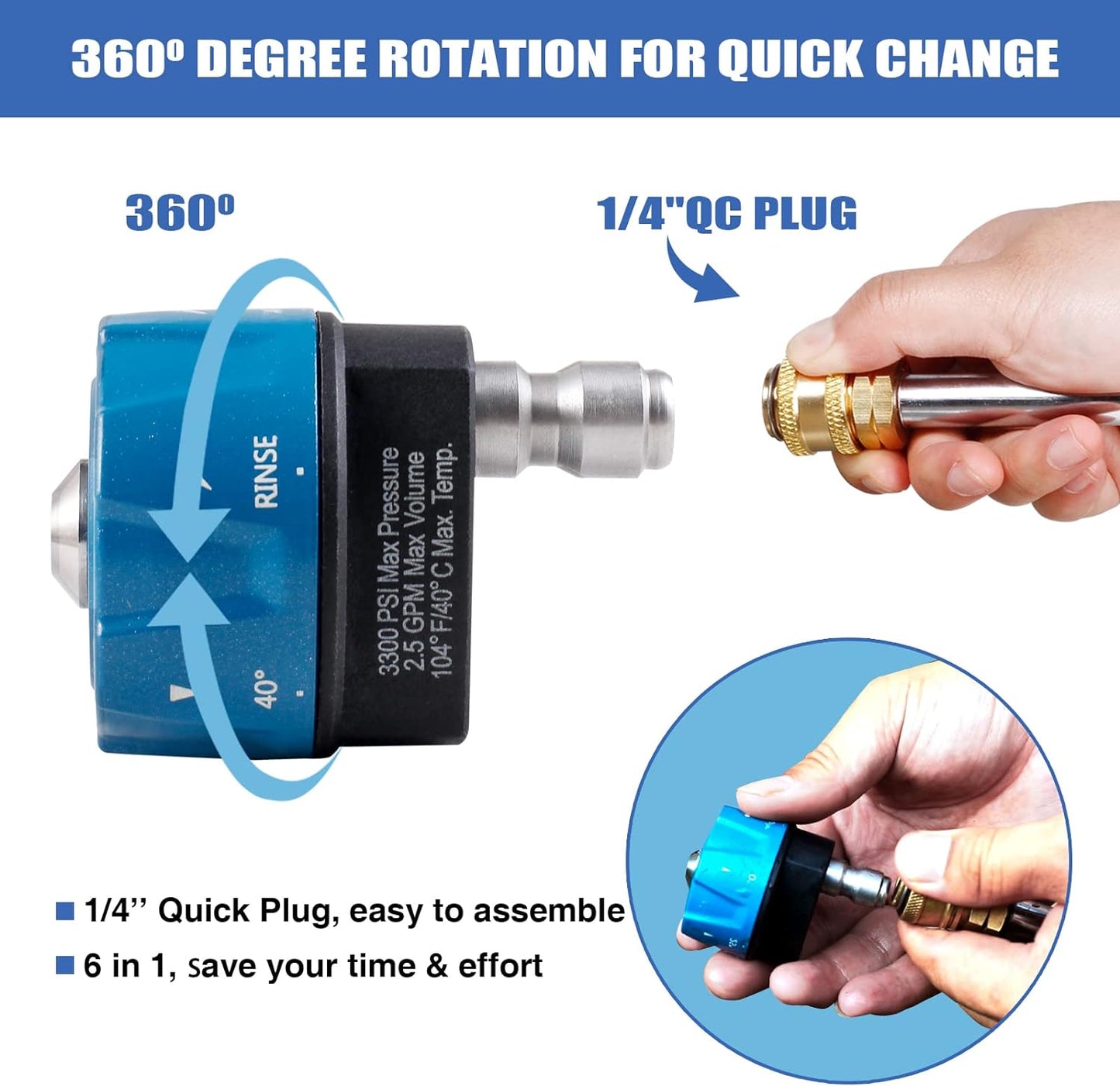 MEKOH Pressure Washer Nozzle, 6-in-1 Quick Changeover Nozzle, Adjustable Pressure Washer Nozzle with 1/4 Inch Quick Connect, 3300 PSI Spray Nozzle