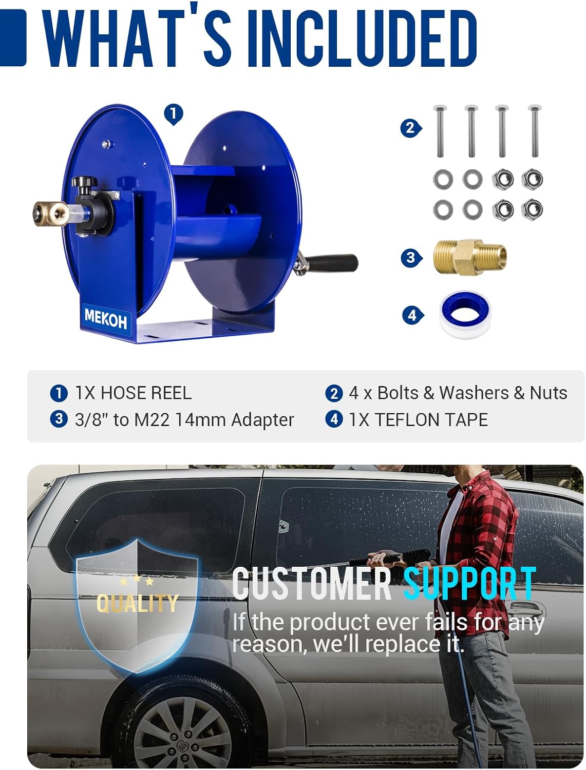 MEKOH Pressure Washer Hose Reel 150FTx3/8”, 300FTx1/4” Manual Power Washer Hose Reel with M22 14mm Fitting,4500PSI Heavy Duty Hose Reel for Water,High Pressure Metal Reel with Wall/Van/Trailer Mount