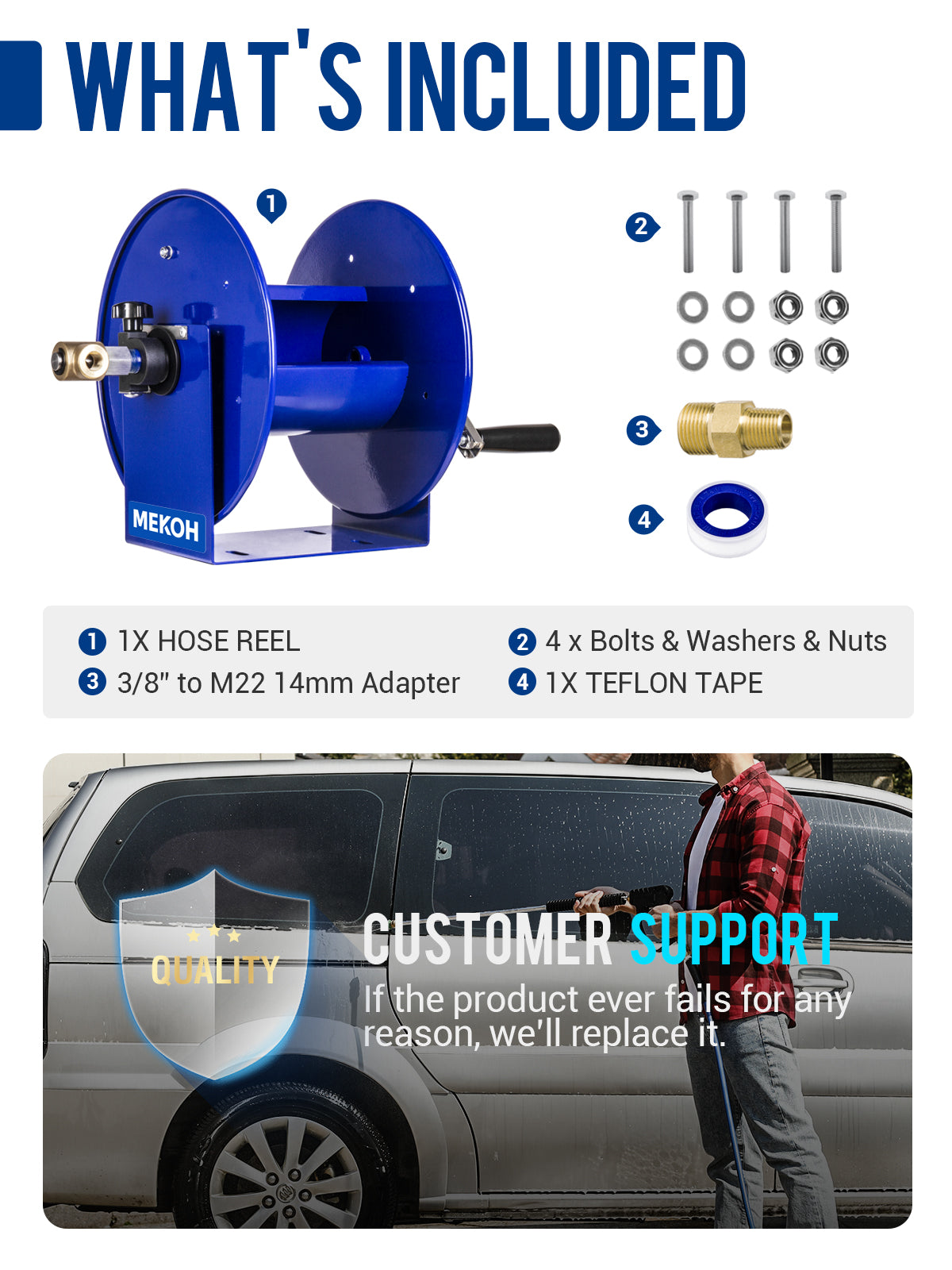 MEKOH 150FT x 3/8” Pressure Washer Hose Reel, Manual Power Washer Hose Reel 300FTx1/4” with M22 Fitting, Heavy Duty 4500 PSI Manual Power Washer Reel with Solid Brass Swivel, Fits 1/4” & 3/8” Hose