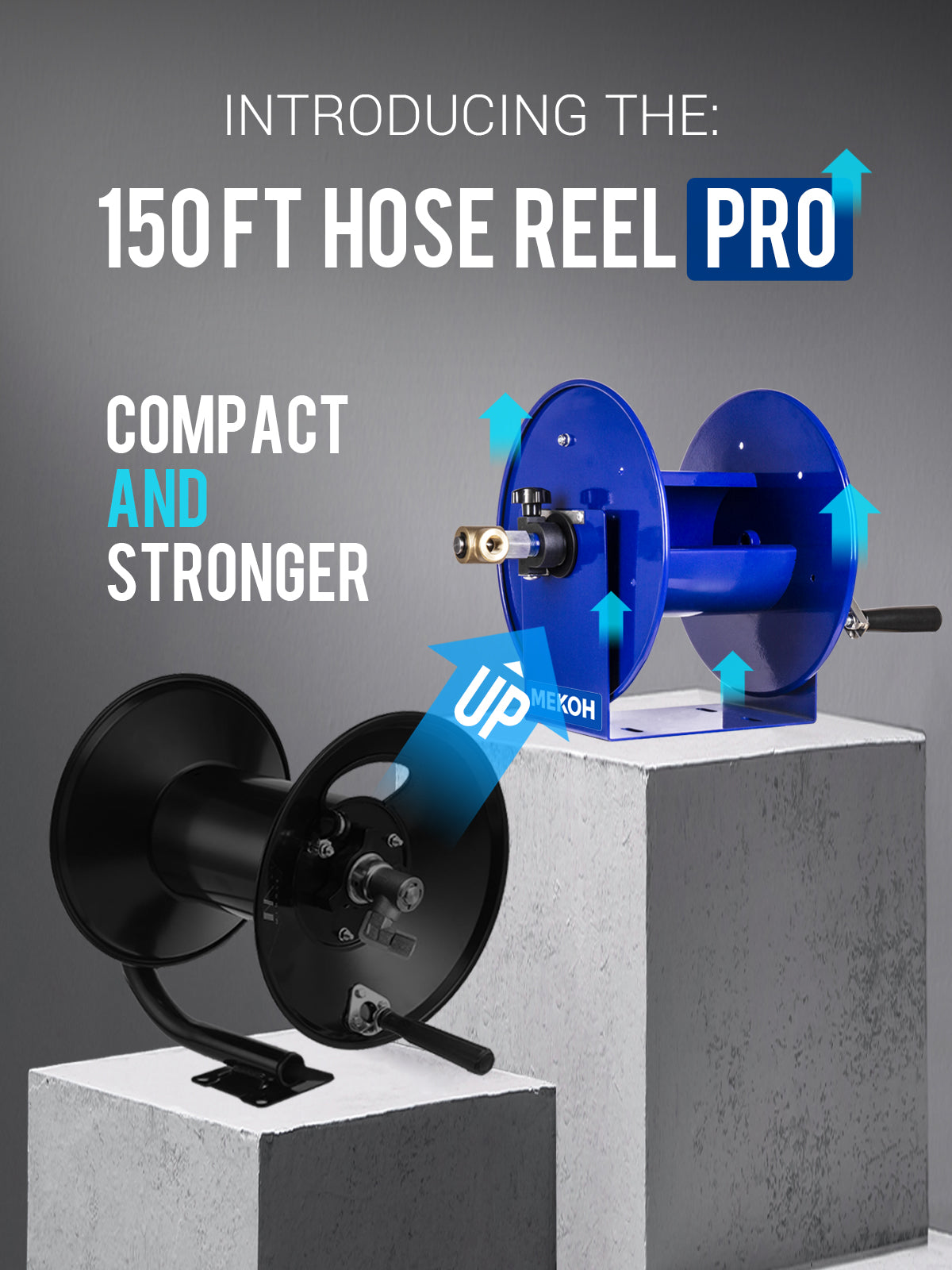 MEKOH 150FT x 3/8” Pressure Washer Hose Reel, Manual Power Washer Hose Reel 300FTx1/4” with M22 Fitting, Heavy Duty 4500 PSI Manual Power Washer Reel with Solid Brass Swivel, Fits 1/4” & 3/8” Hose