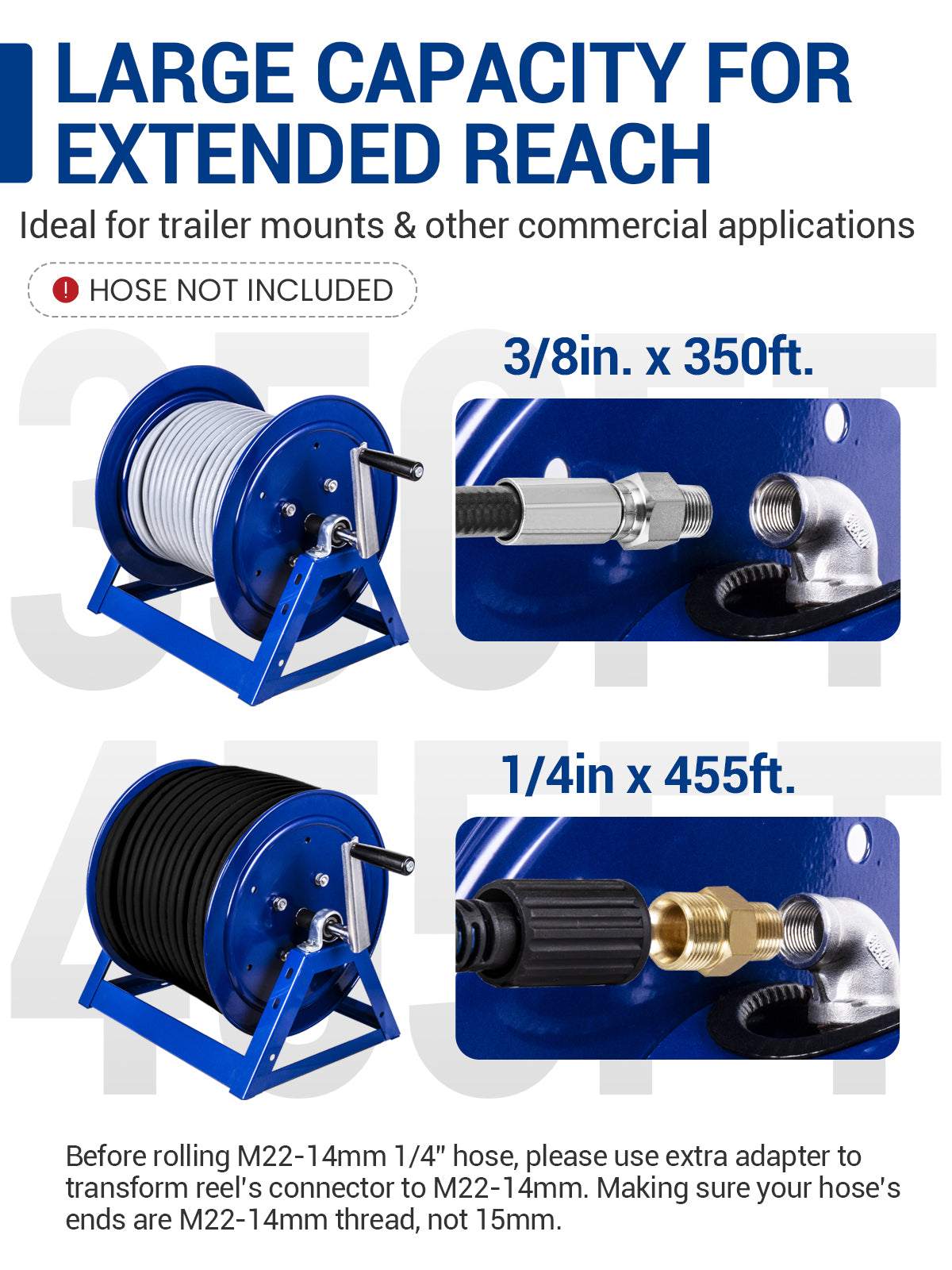 MEKOH 350FT x 3/8” Pressure Washer Hose Reel, 5000PSI Hand Crank Power Washer Hose Reel for 1/4"x455ft