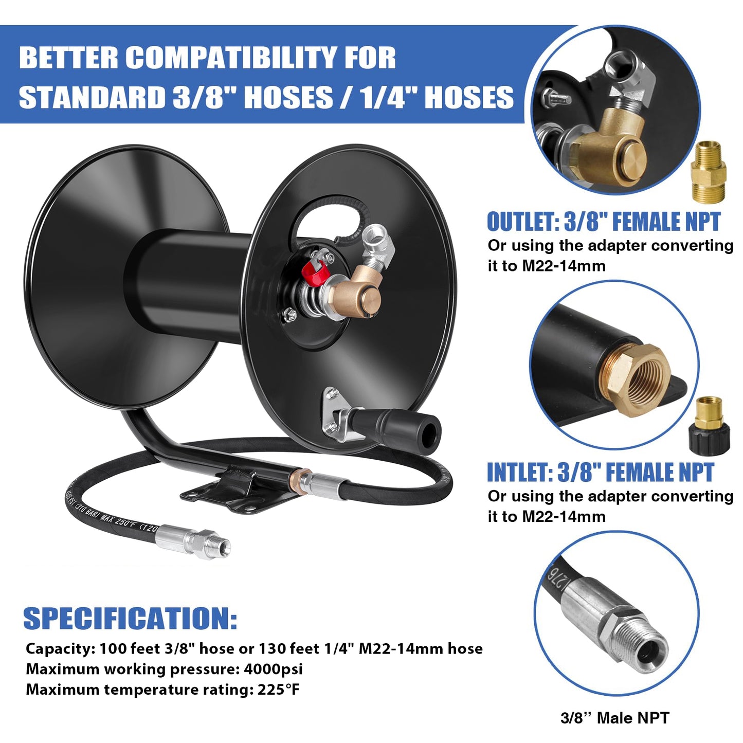 MEKOH Pressure Washer Hose Reel 100ftx3/8”/130ftx1/4”, 4000PSI Heavy Duty Power Washer Hose Reel with M22-14 Fitting