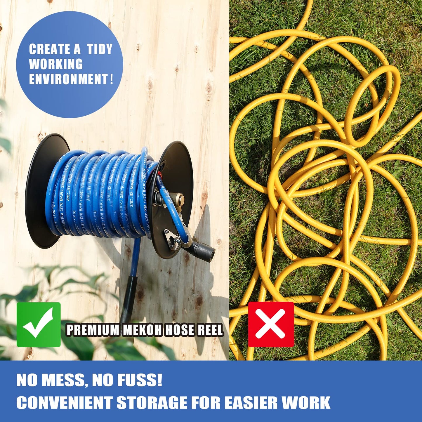 MEKOH Pressure Washer Hose Reel 100ftx3/8”/130ftx1/4”, 4000PSI Heavy Duty Power Washer Hose Reel with M22-14 Fitting