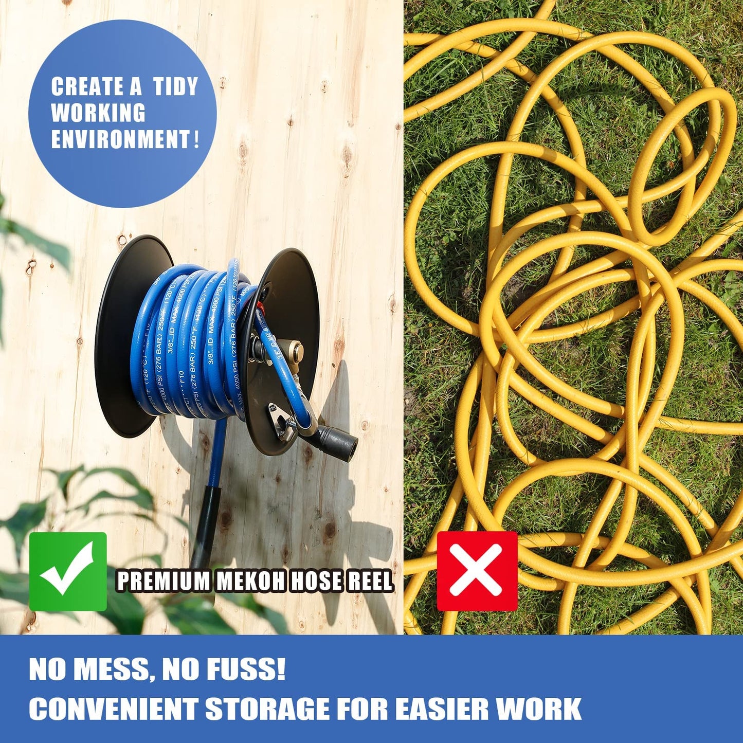 MEKOH Pressure Washer Hose Reel 50ftx3/8” / 65ftx1/4”, 4000PSI Heavy Duty Power Washer Hose Reel with M22-14 Fitting