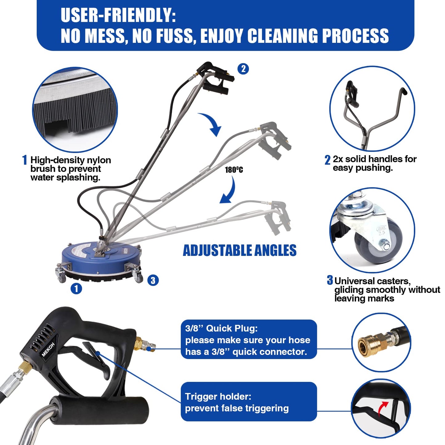 MEKOH 20" Pressure Washer Surface Cleaner with Wheels, 4500 PSI Power Washer Attachment with 2 Spinning Nozzles, 3/8" Quick Connect, Commercial Driveway, Sidewalk, Patio, Deck, Garage Floor Cleaning Accessory