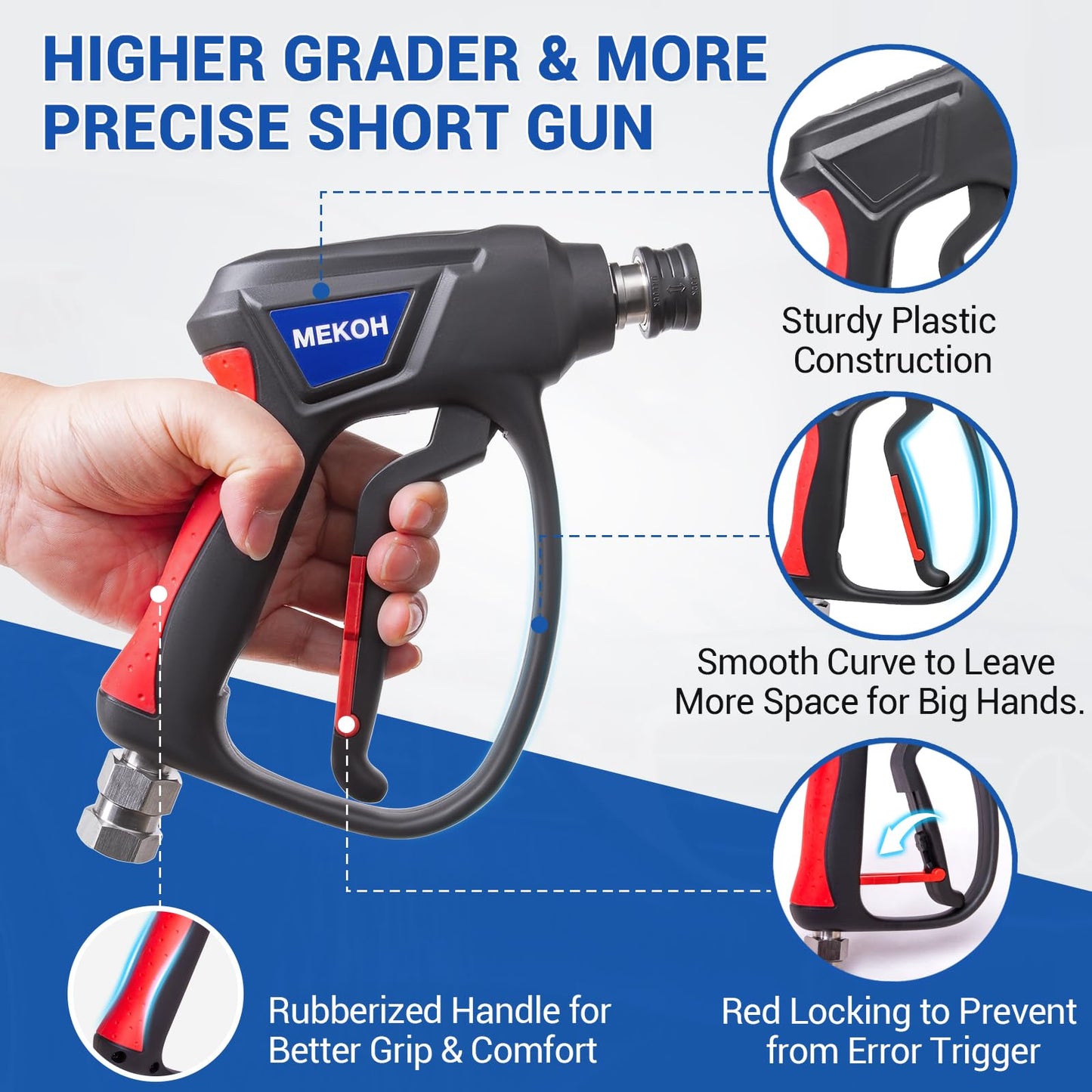 MEKOH Short Pressure Washer Gun with Swivel, 5000 PSI High Power Washer Spray Gun, 10 GPM Foam Cannon Gun with 3/8" Quick Connect & M22-14mm Adapter, Pressure Washer Handle with 5 Nozzle Tips for Car, Driveway, Patio Cleaning