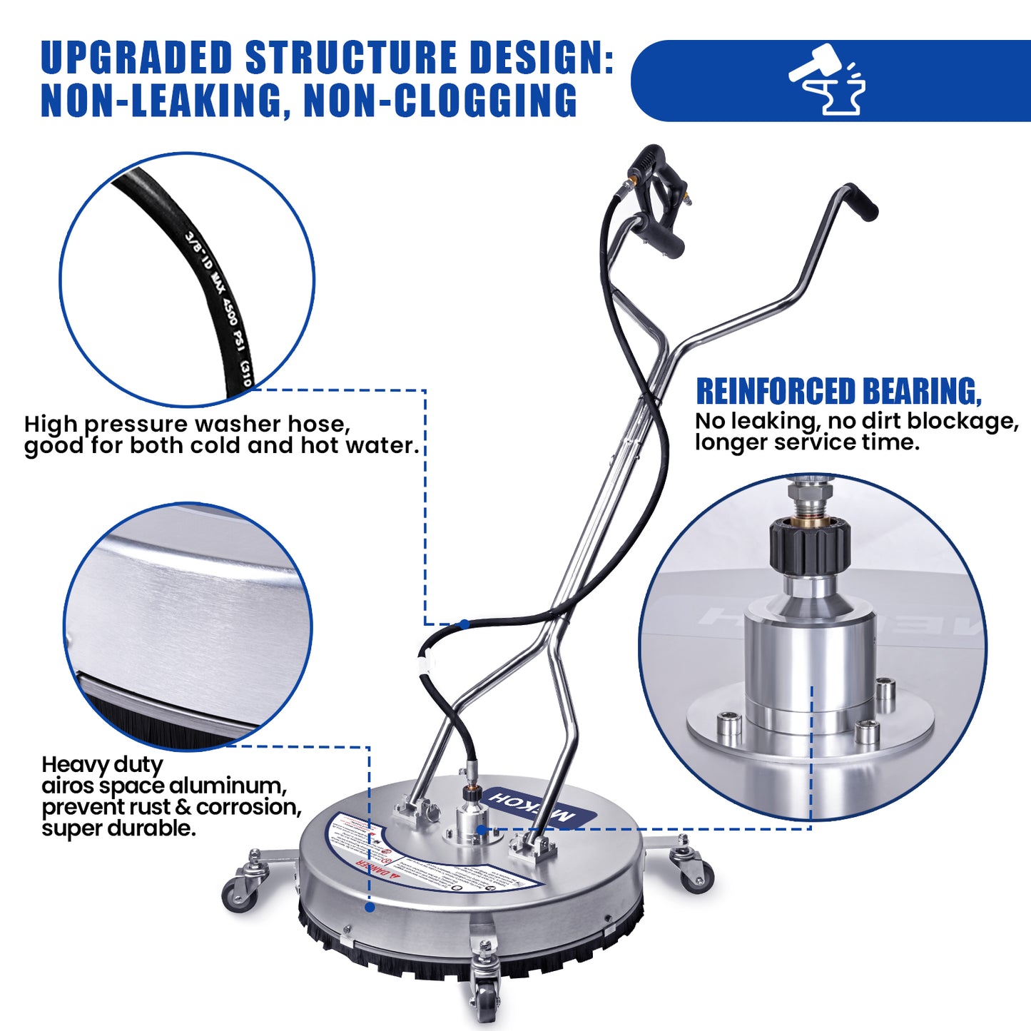MEKOH 24 Inch Pressure Washer Surface Cleaner with Wheels, 4500 PSI Aluminum Power Washer Surface Cleaner Attachment for Driveway, Sidewalk, Patio, Deck, Concrete, Curb Cleaning – 3/8” Quick Connect
