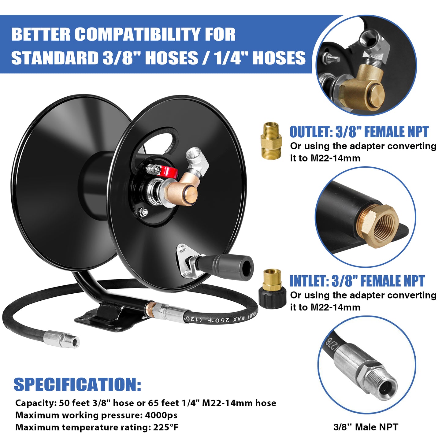 MEKOH Pressure Washer Hose Reel 3/8" x 50ft, 4000 PSI Heavy Duty Power Washer Hose Reel Wall Mounted, Metal Hose Reel Hand Crank, Outdoor Hose Reel for Air/Liquid/Water Use, Also Available for M22-14MM Hose, 2x M22-14MM Swivel Adapters, 3/8" Quick Connect