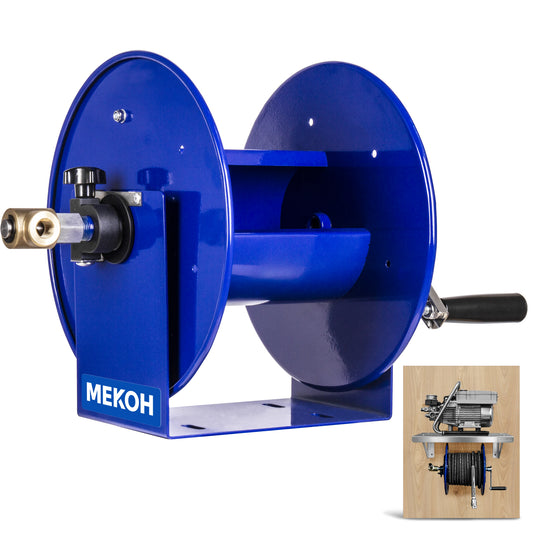 MEKOH Pressure Washer Hose Reel 150FTx3/8”, Manual Power Washer Hose Reel Fits 1/4” Hose with M22 Fitting, 4500PSI Heavy Duty Hose Reel for Water, High Pressure Washer Reel with Trailer/Wall/Van Mount