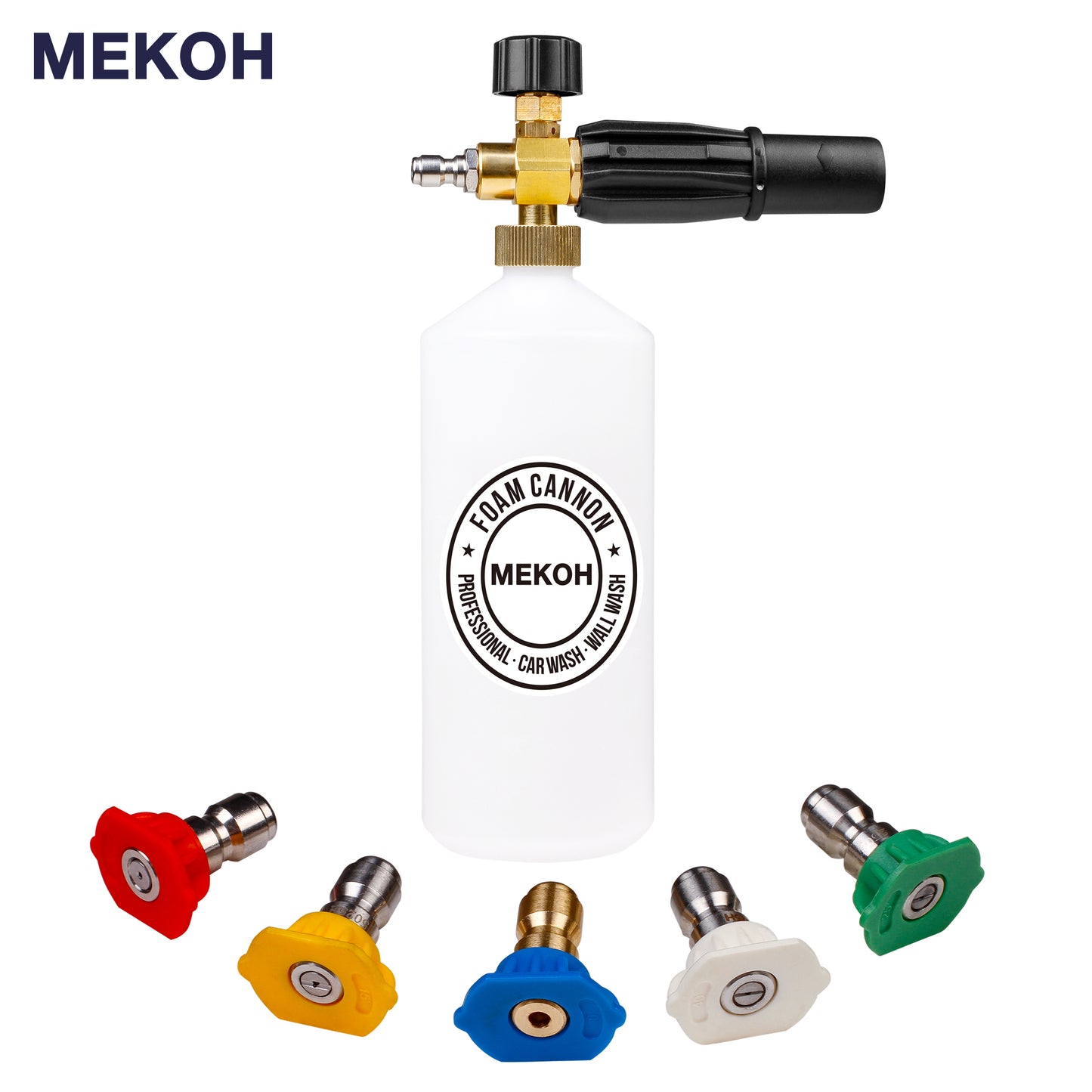 MEKOH 1 Liter Adjustable Foam Cannon Snow Foam Lance with 1/4" Quick Connector 5 Pressure Washer Nozzles for Car Detailing Cleaning White