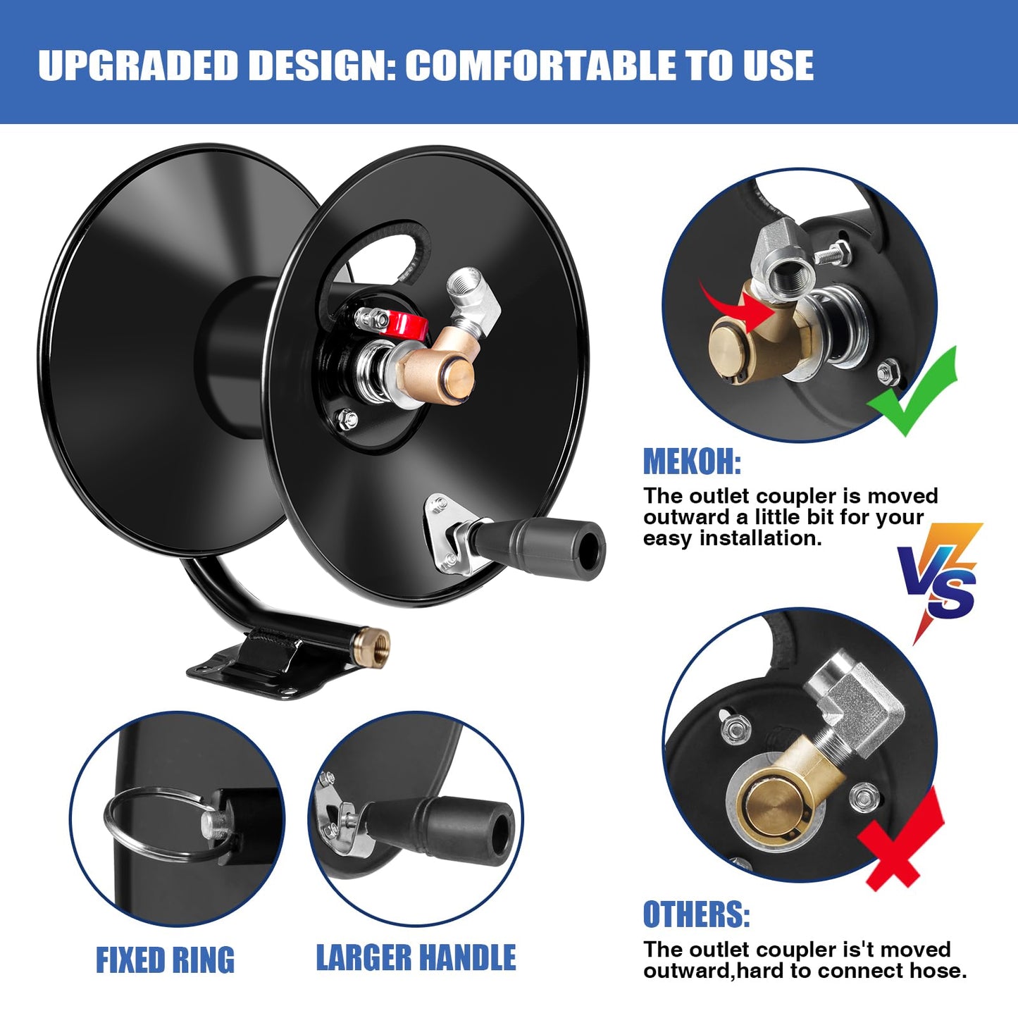 MEKOH Pressure Washer Hose Reel 3/8" x 50ft, 4000 PSI Heavy Duty Power Washer Hose Reel Wall Mounted, Metal Hose Reel Hand Crank, Outdoor Hose Reel for Air/Liquid/Water Use, Also Available for M22-14MM Hose, 2x M22-14MM Swivel Adapters, 3/8" Quick Connect