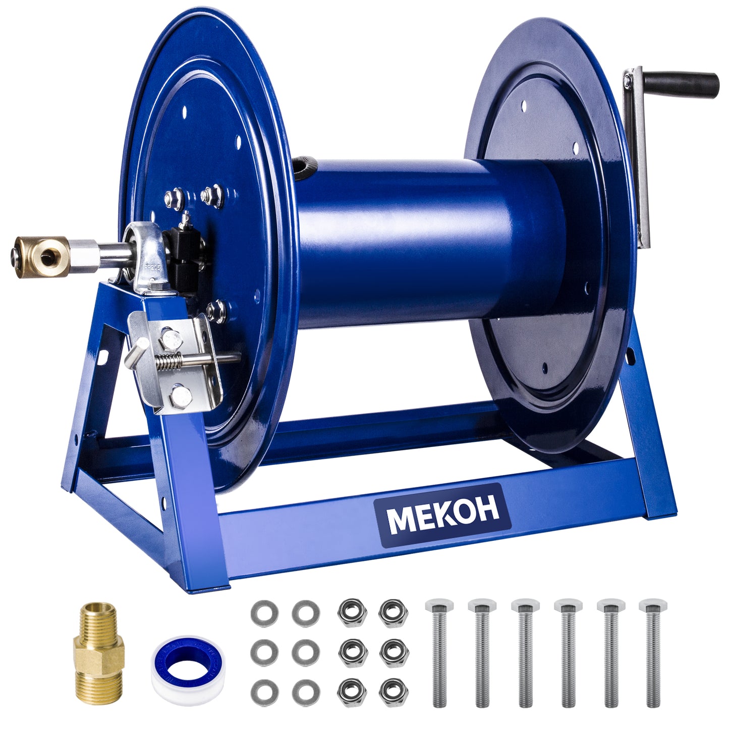 MEKOH Pressure Washer Hose Reel 3/8"x350ft,4500PSI Hand Crank Hose Reel for Power Washer, Heavy Duty Metal Hose Reel with Trailer/Wall/Floor Mount,A-Frame Hose Reel for Water,1*M22-14mm Hose Connector