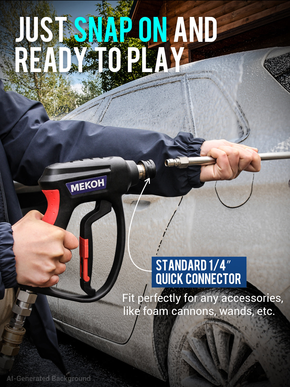 MEKOH Pistola de lavado a presión corta con giro, pistola rociadora de alta potencia de 5000 PSI, pistola de espuma de 10 GPM con conexión rápida de 3/8", M22-14 mm para varilla de extensión, manguera, mango de lavado a presión con 5 puntas de boquilla 