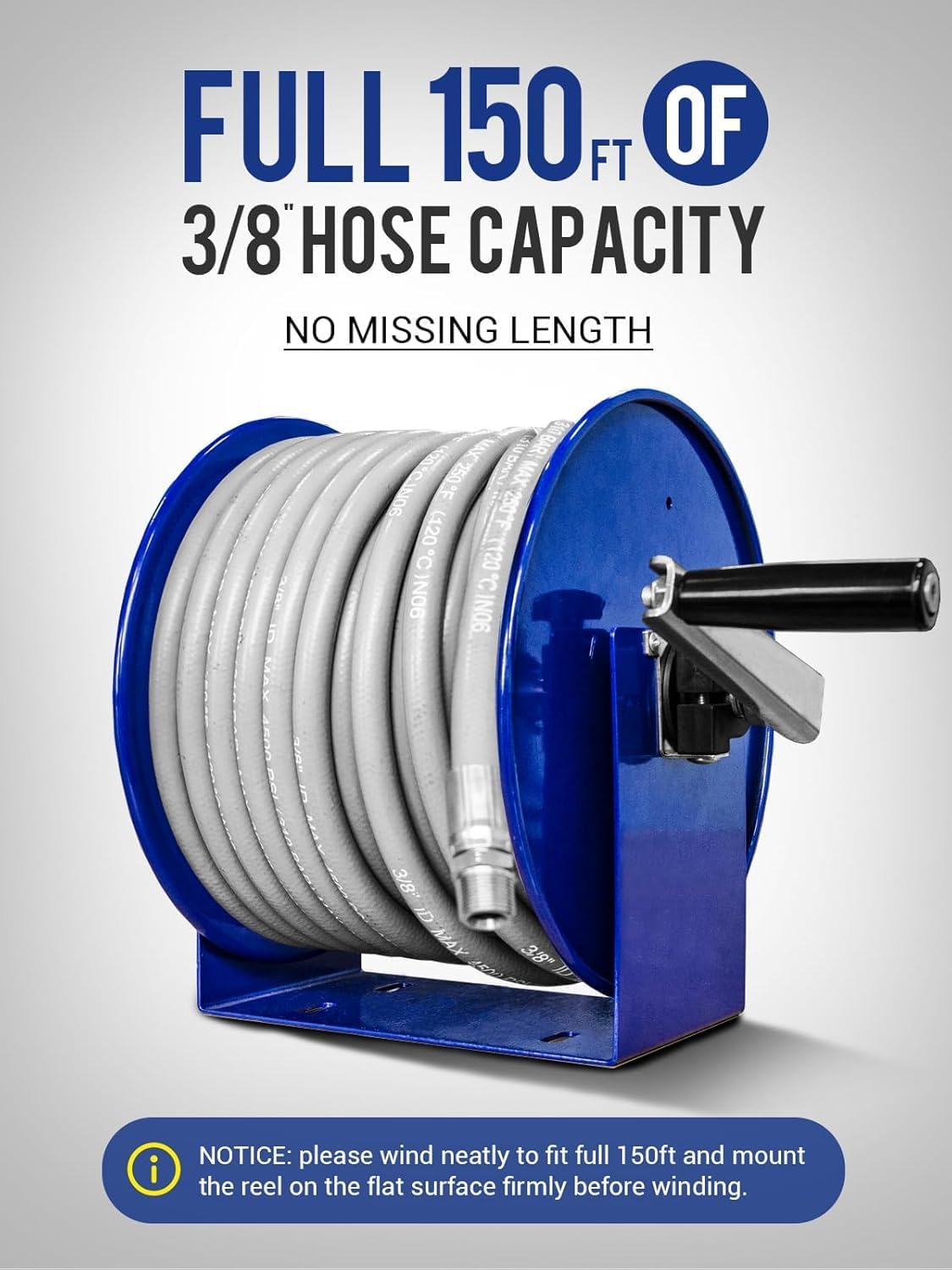 MEKOH 150FT x 3/8” Pressure Washer Hose Reel, Heavy Duty 4500 PSI Manual Power Washer Reel with Solid Brass Swivel, Fits 1/4” & 3/8” Hose, Wall/Trailer/Van Mount High Pressure Hose Storage