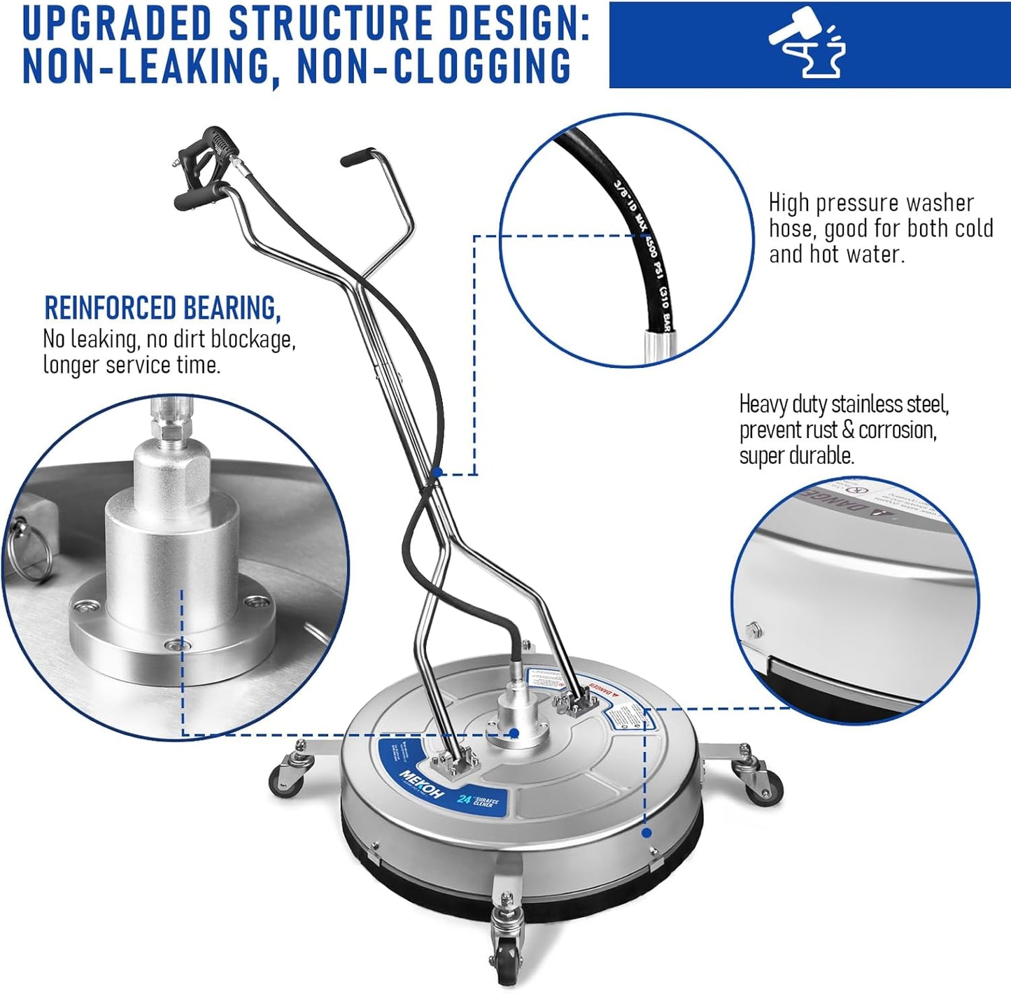 MEKOH 24" Pressure Washer Surface Cleaner for Large Areas, 4500PSI Stainless Steel Power Washer Surface Cleaner, Dual-Handle & 4 Wheels, Extra-Wide Pressure Washer Attachment for Home & Commercial Use