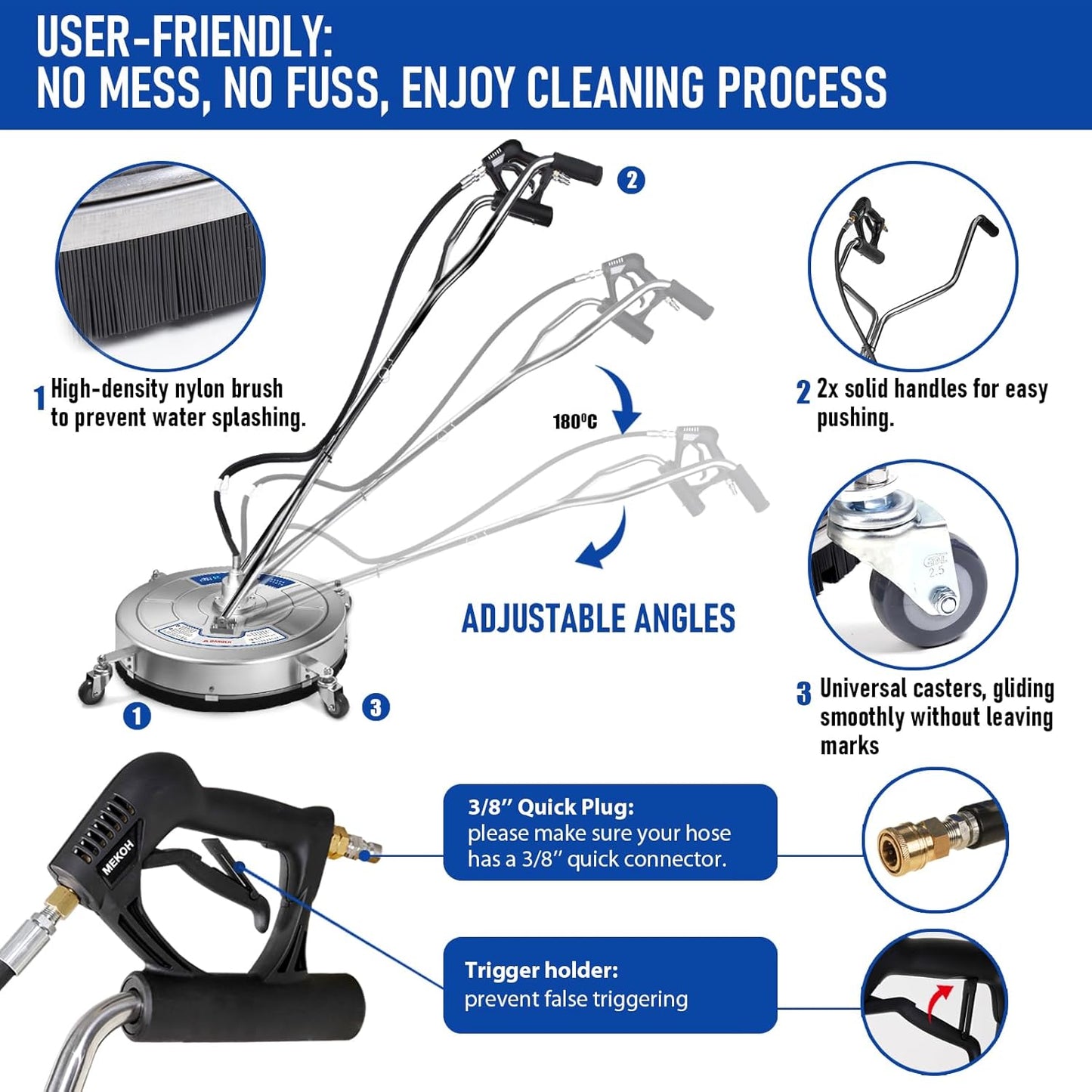 MEKOH 24" Pressure Washer Surface Cleaner for Large Areas, 4500PSI Stainless Steel Power Washer Surface Cleaner, Dual-Handle & 4 Wheels, Extra-Wide Pressure Washer Attachment for Home & Commercial Use