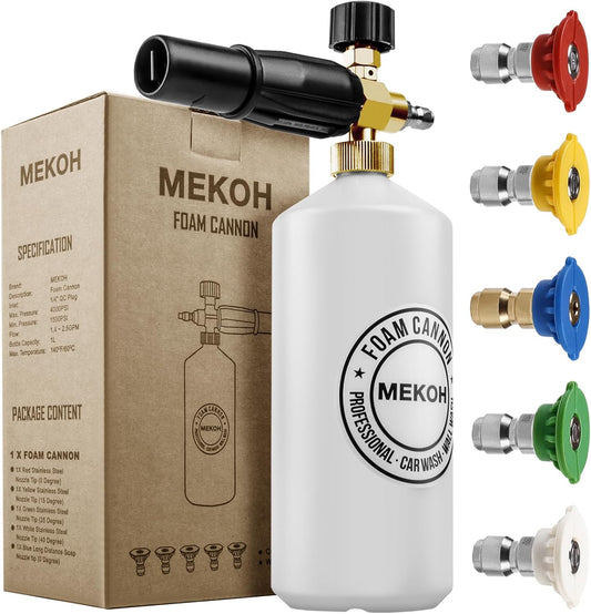MEKOH Foam Cannon 1L, Adjustable Snow Foam Lance with 1/4" Quick Connect, Heavy Duty Pressure Washer Foam Cannon 1500-4000 PSI with 5 Nozzles for Car Detailing, Truck, Motorcycle & Home Cleaning