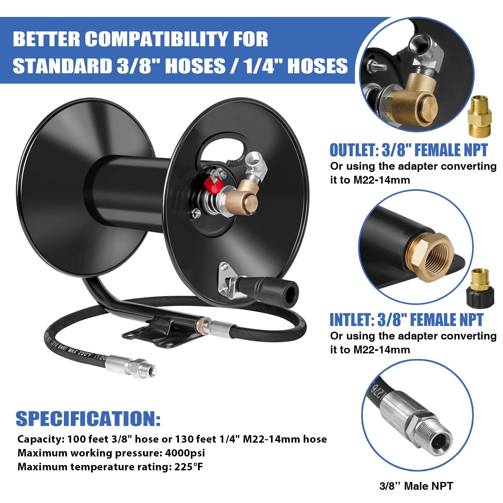 MEKOH Pressure Washer Hose Reel 100ftx3/8”/130ftx1/4”, 4000PSI Heavy Duty Power Washer Hose Reel with M22-14 Fitting