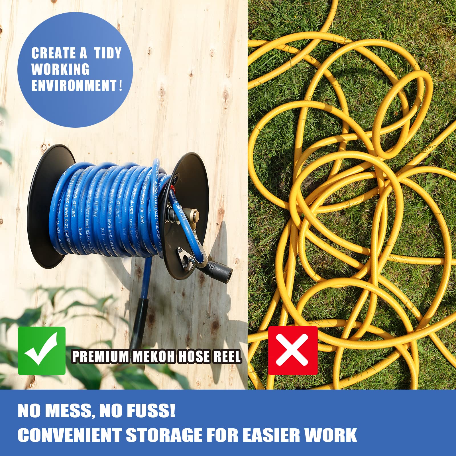 MEKOH Pressure Washer Hose Reel 100ftx3/8”/130ftx1/4”, 4000PSI Heavy Duty Power Washer Hose Reel with M22-14 Fitting