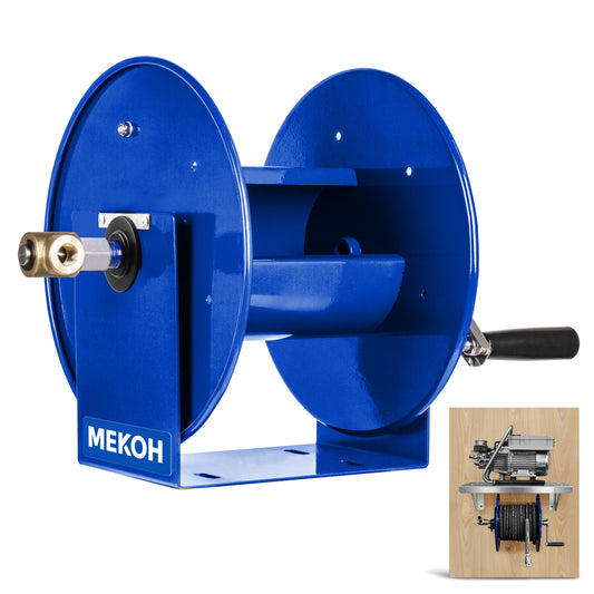 MEKOH 150FT x 3/8” Pressure Washer Hose Reel, Heavy Duty 4500 PSI Manual Power Washer Reel with Solid Brass Swivel, Fits 1/4” & 3/8” Hose, Wall/Trailer/Van Mount High Pressure Hose Storage