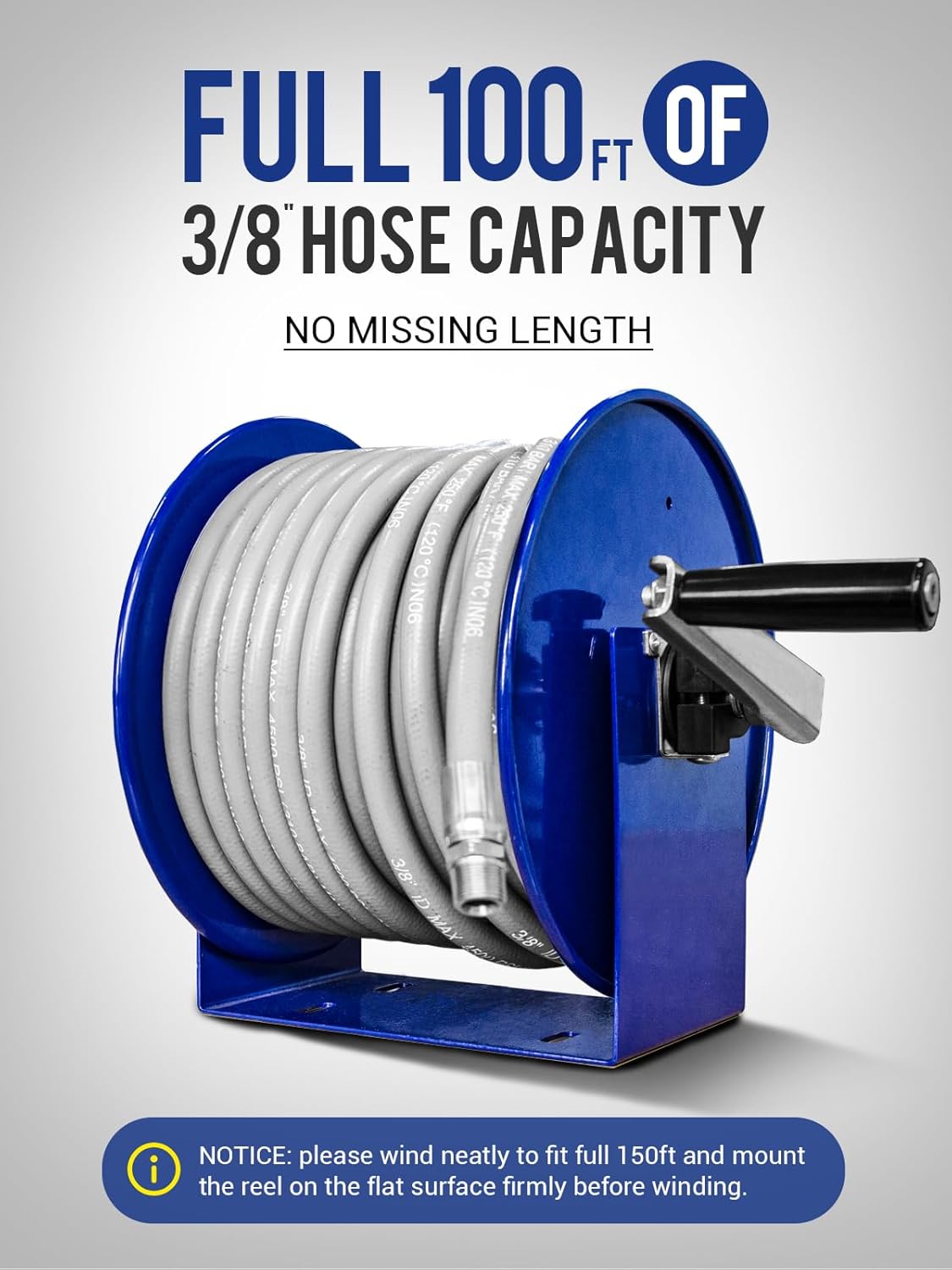 MEKOH 100FT x 3/8” Pressure Washer Hose Reel, Manual Power Washer Hose Reel 200FTx1/4” with M22 Fitting, Heavy Duty 4500 PSI Manual Power Washer Reel with Solid Brass Swivel, Fits 1/4” & 3/8” Hose, Wall/Trailer/Van Mount High Pressure Hose Storage