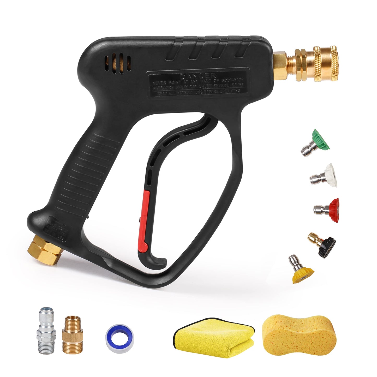 MEKOH High Pressure Washer Short Gun, 5000 PSI 10.5 GPM Industrial Pressure Power water Spray Gun, with 5 Nozzle Tips, 1/4'' Outlet, 3/8'' Quick Connect，M22-14mm Fitting, PTFE Tape and Car Sponge