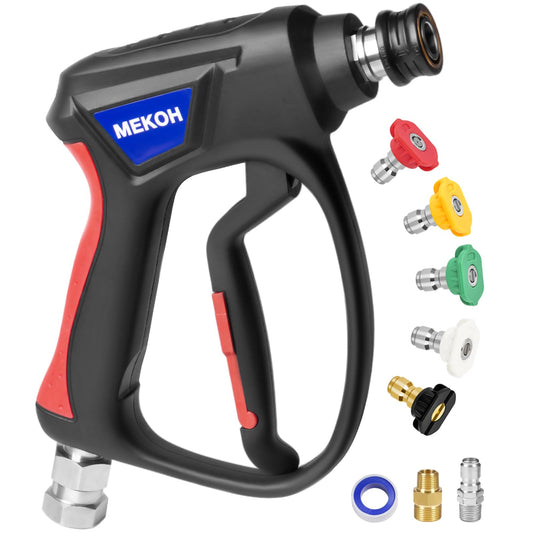 MEKOH Short Pressure Washer Gun with Swivel, 5000 PSI High Power Washer Spray Gun, 10 GPM Foam Gun with 3/8" Quick Connect, M22-14mm for Extension Wand, Hose, Pressure Washer Handle with 5 Nozzle Tips