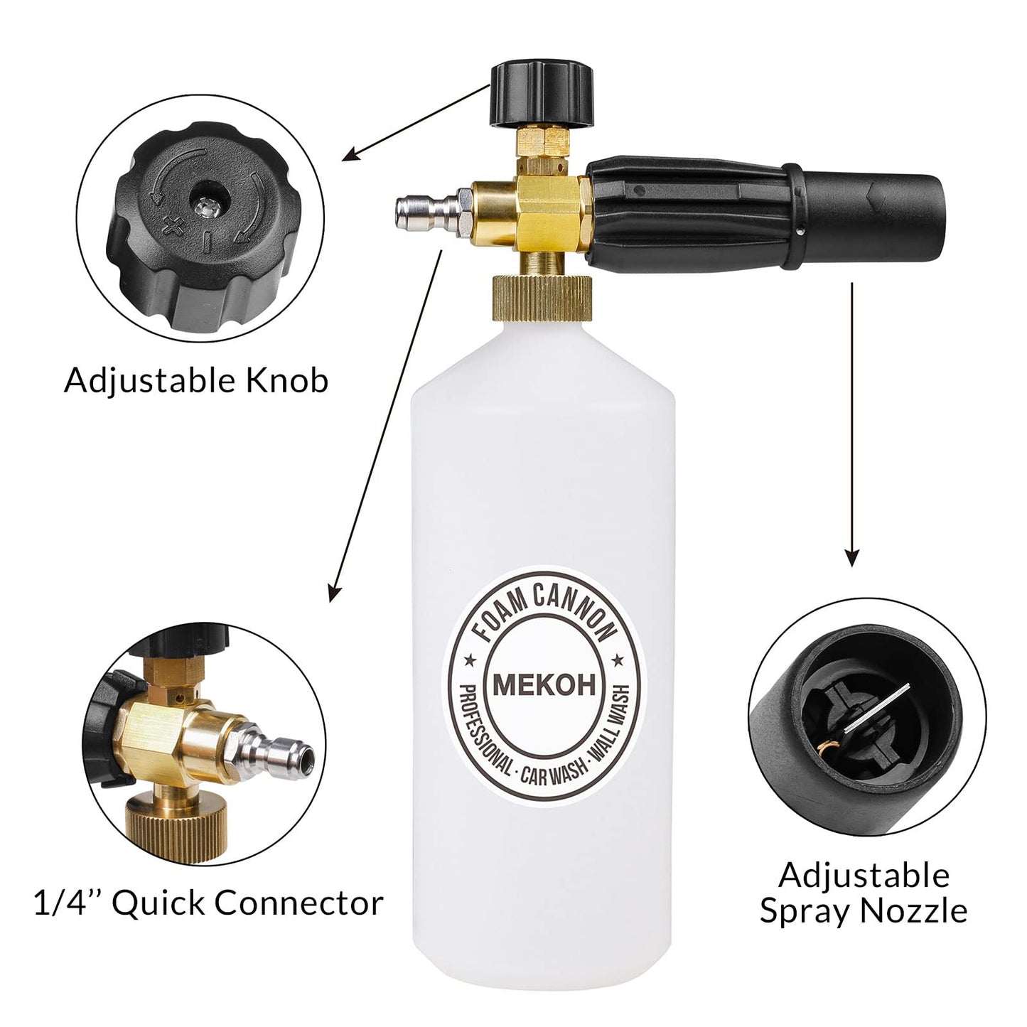 MEKOH 1 Liter Adjustable Foam Cannon Snow Foam Lance with 1/4" Quick Connector 5 Pressure Washer Nozzles for Car Detailing Cleaning White