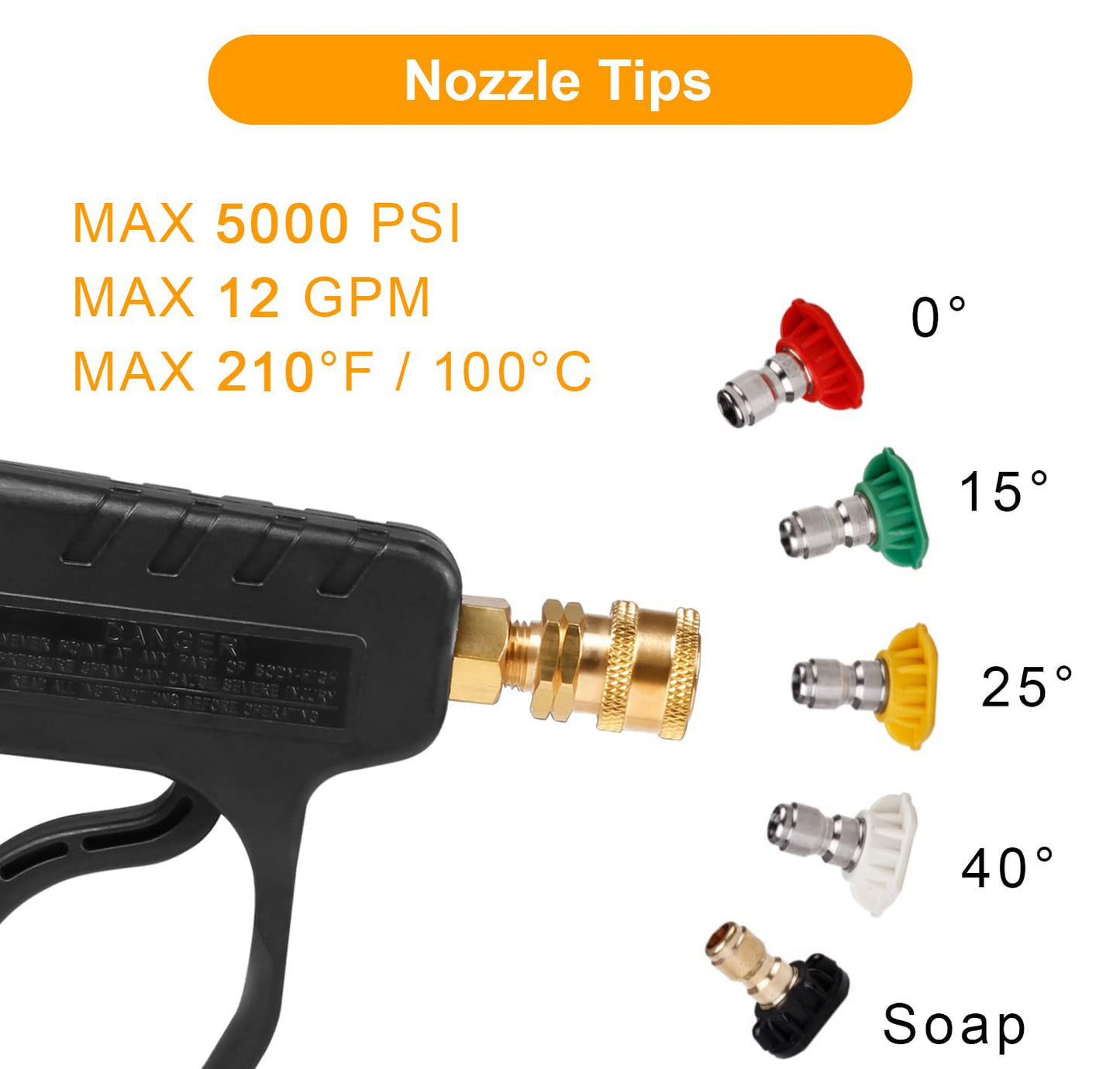 MEKOH High Pressure Washer Short Gun, 5000 PSI 10.5 GPM Industrial Pressure Power water Spray Gun, with 5 Nozzle Tips, 1/4'' Outlet, 3/8'' Quick Connect，M22-14mm Fitting, PTFE Tape and Car Sponge