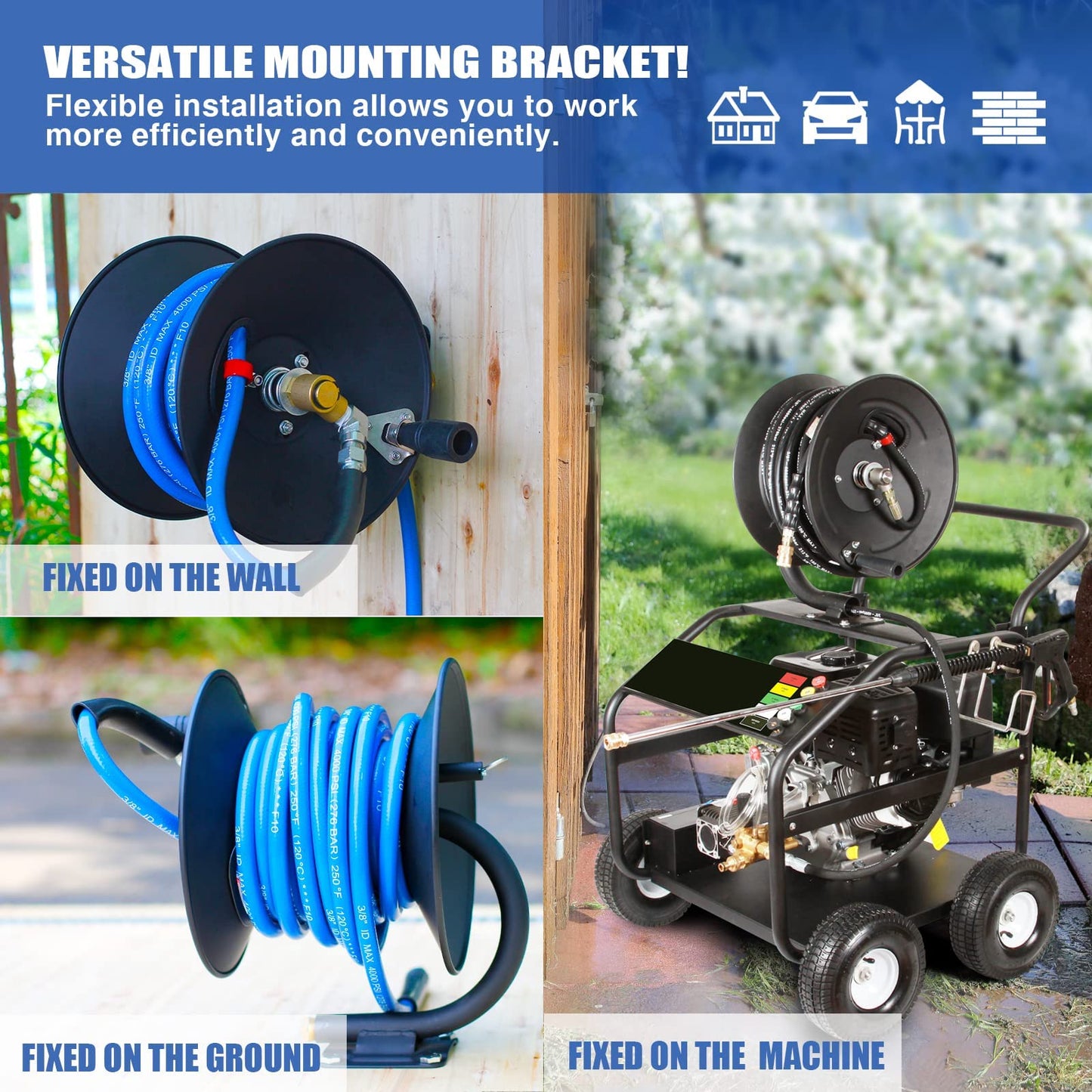 MEKOH Pressure Washer Hose Reel 3/8" x 50ft, 4000 PSI Heavy Duty Power Washer Hose Reel Wall Mounted, Metal Hose Reel Hand Crank, Outdoor Hose Reel for Air/Liquid/Water Use, Also Available for M22-14MM Hose, 2x M22-14MM Swivel Adapters, 3/8" Quick Connect