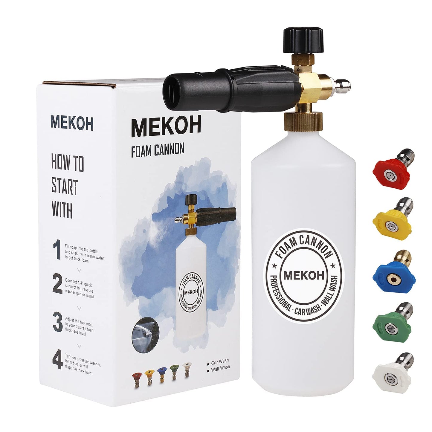 MEKOH 1 Liter Adjustable Foam Cannon Snow Foam Lance with 1/4" Quick Connector 5 Pressure Washer Nozzles for Car Detailing Cleaning White